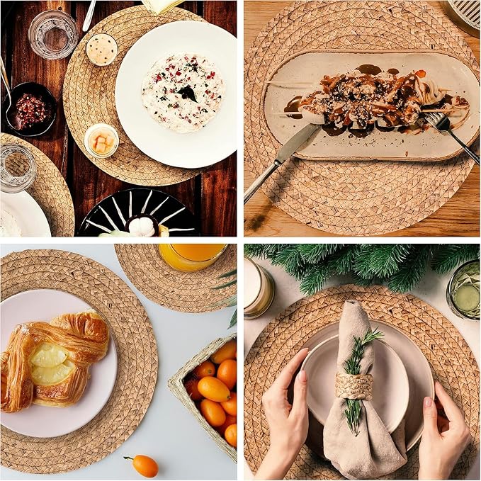 13.5” Woven Placemats, Round Rattan Placemats Set of 6, Natural Wicker Chargers for Dinner Plates, Heat Resistant, Easy to Clean, and Non-Slip – Elegant and Practical Addition to Your Dining Table