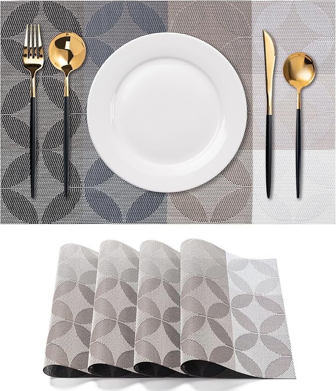 CADONO Placemats Set of 4 Washable Indoor/Outdoor Vinyl Place Mats for Dining Table Durable Non-Slip Heat Resistant PVC Weave Table Mats（Petal Pattern - Coffee Color Series）