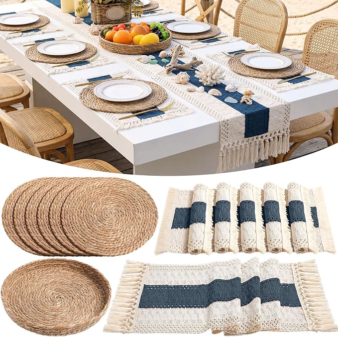 Boho Placemats 4/6/8 Set of Round Woven Placemat Macrame Style Bicolor Stitching Long Table Runner Farmhouse Rustic Natural Burlap Cotton for Kitchen Dining Table(6 Sets,Blue,12x72)