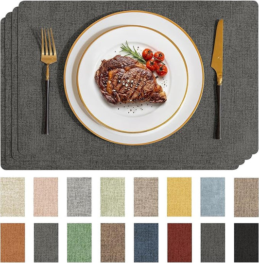 Romanstile Vinyl Placemats Set of 4-12 X 17 Inch - Faux Leather 100% Waterproof Wipeable Anti Slip Place Mats, Heat Resistant Reversible PU Table Mats for Kitchen Dining Party Outdoor, Dark Grey