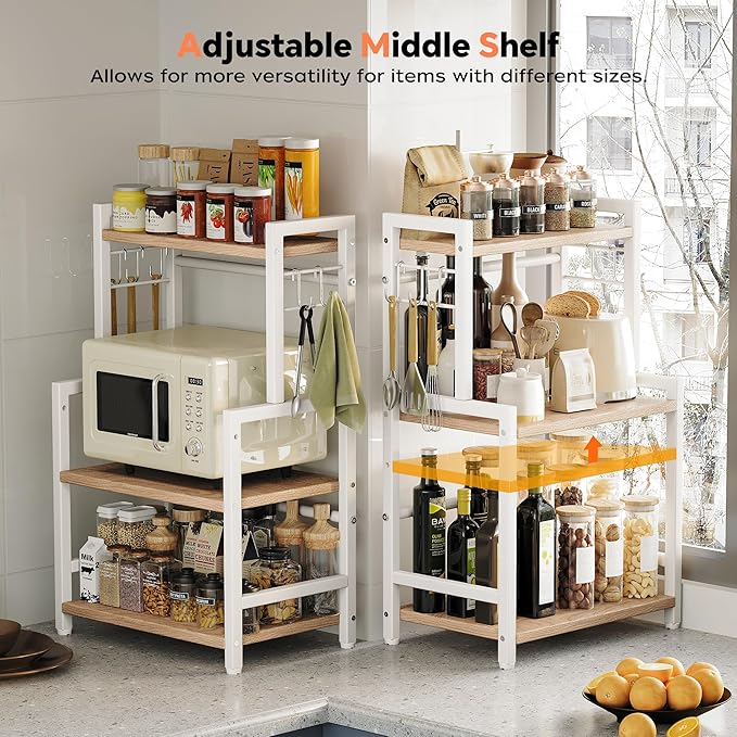 Kitchen Countertop Organizer, 3 Tier Large Spice Rack Organizer with Adjustable Shelf and 5 Hooks, Wooden Counter Organizer, Countertop Shelf Microwave Stand for Kitchen Coffee Bar, Light Coffee