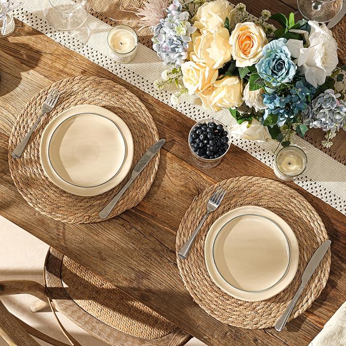 Round Woven Placemats Set of 6, 13.5'' Boho Rattan Chargers for Dinner Plates, Rustic Wicker Place Mats, Straw Braided Table Placemats, for Dining Table Decor, Wedding, Farmhouse and Home Décor