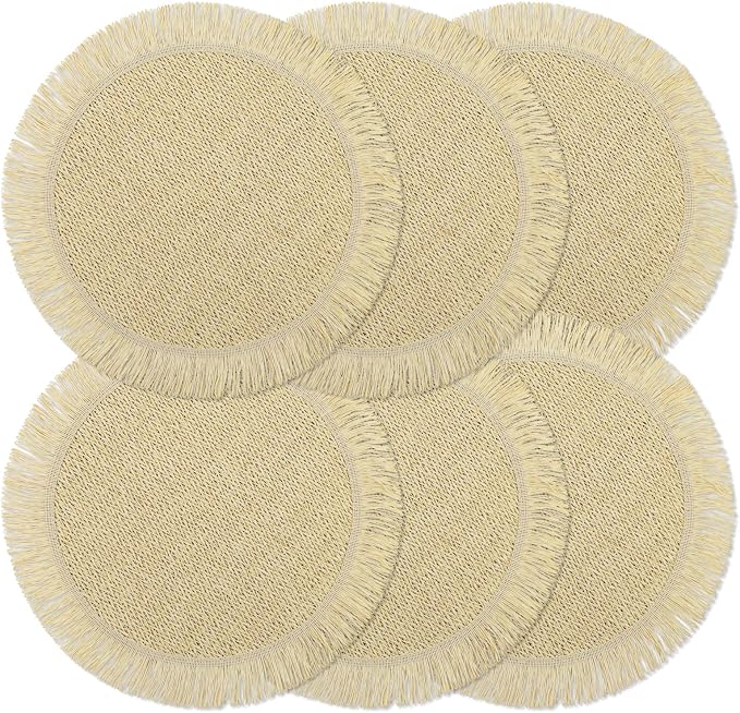 fanquare Boho Round Paper Placemats 15'' Set of 6, Rustic Woven Fade-Safe Tablemats,Braided Placemats for Home, Cafe or Events, Beige