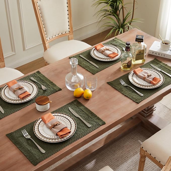 ZeeMart Macrame Style Boho Placemats Set of 6, Olive 12x20 Inch | Decorative Farmhouse Table Mats, Natural Cotton Woven Place Mats, Bohemian Home Decor for Kitchen Dining Table