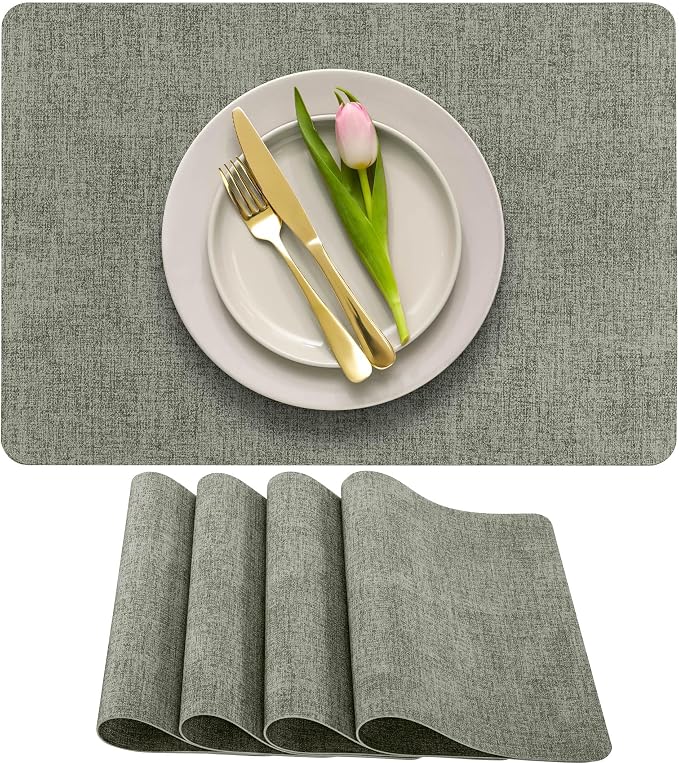 More Décor Faux Leather Placemats Set of 4 for Dining Table – Waterproof, Wipeable, Washable, Stain & Heat Resistant, Non-Slip Table Mats – 12 X 17 Inch, Light Grey