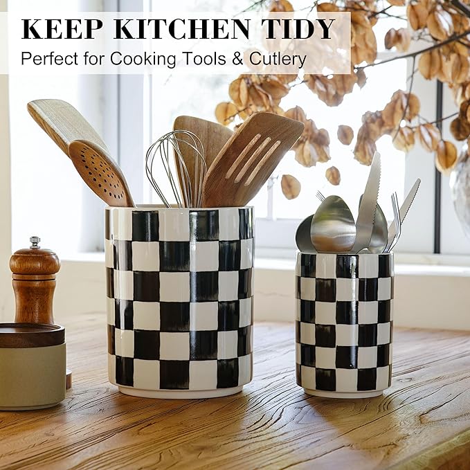Utensil Holder, 7.2"+5.4" Checkered Ceramic Utensils Holder, Large and Small Utensil Crocks for Kitchen Counter, Spatula Holder, Farmhouse Kitchen Decor