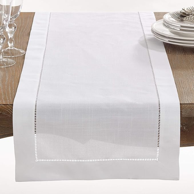 SARO LIFESTYLE Hemstitched Border Table Runner, White, 16"x54"