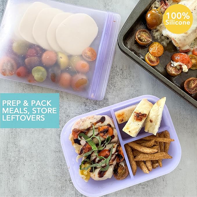 Bumkins - Silicone Bento Box & Reusable Snack Bag Set - 3 Sections & Leak-Proof Lid - Food Safe - 2 Zip Bags - Washable, Microwave, Freezer & Dishwasher Safe - 3 pack - Green