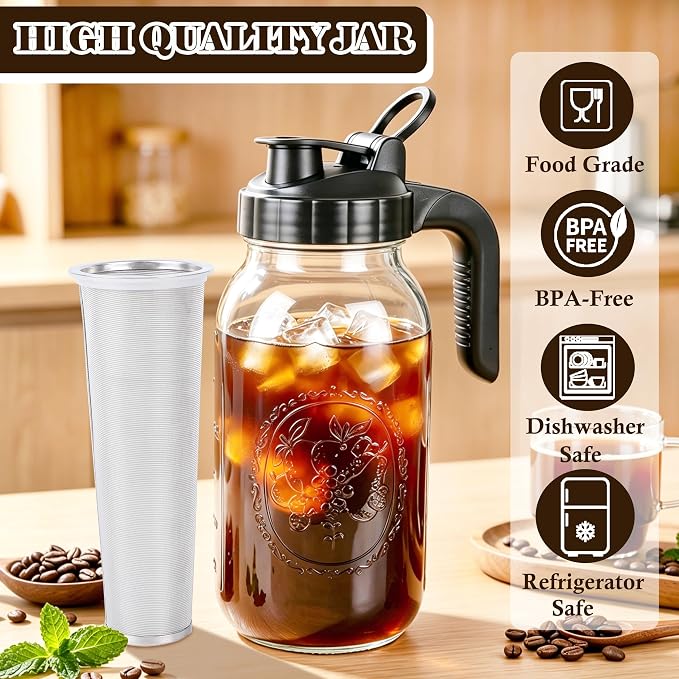Cold Brew Coffee Maker 64oz Iced Coffee Maker with Stainless Steel Filter | Wide Mouth Glass Pitcher with Pour Spout Lid Cold Brew Pitcher with Ergonomic Handle Airtight Mason Jar Pitcher with Filter