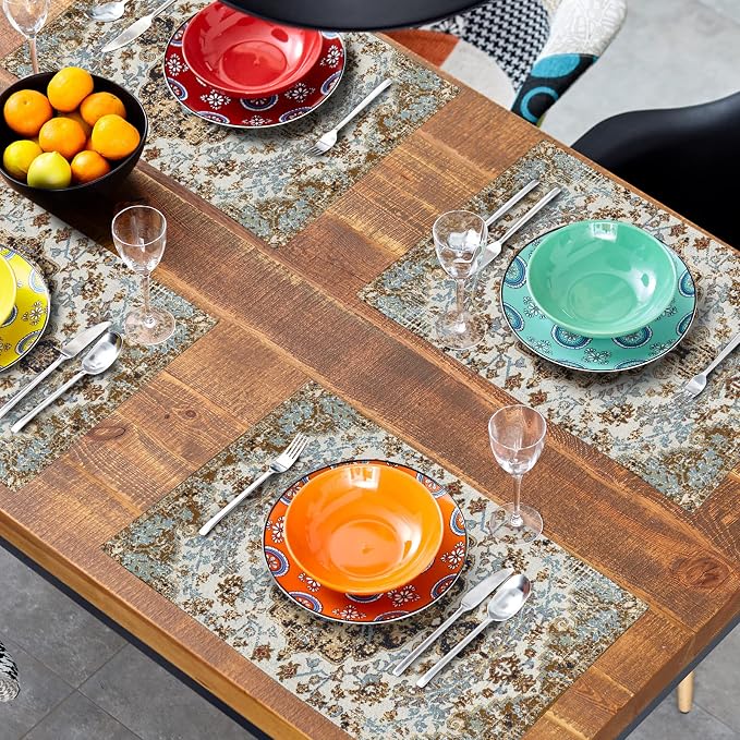 Ethnic Boho Placemats Set of 6 Bohemian Carpet Vintage Black Teal Grey Floral Linen Washable Kitchen Dining Table Mats Stain Heat-Resistant Desktop Decor Place Mats for Home Party Indoor 12x18 in