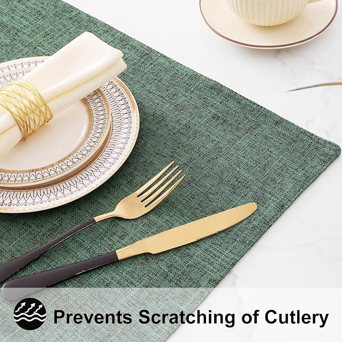 homing Faux Cotton Linen Placemats Set of 6, Cloth Washable Farmhouse Dining Table Mats for Indoors & Outdoors, Easy to Clean, Green, 13 x 19 Inch