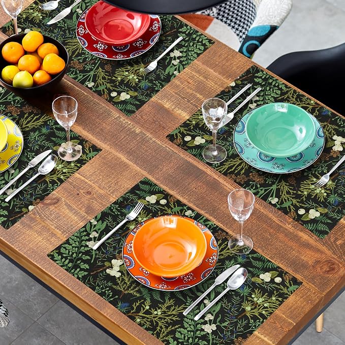 Spring Green Leaves Placemats Set of 6 Botanical Fern Leaf Floral Place Mats Washable Kitchen Dining Summer Black Linen Table Mats Stain Heat-Resistant for Home Party Indoor 12x18 in