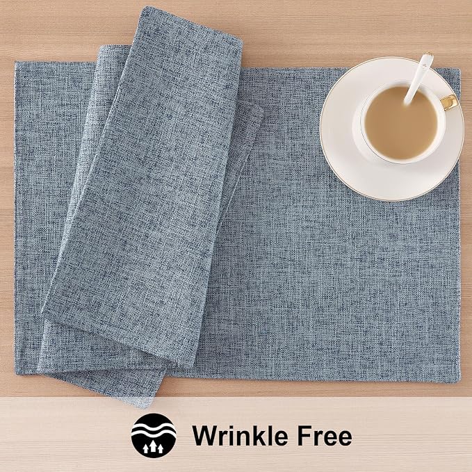 homing Faux Cotton Linen Placemats Set of 6, Cloth Washable Farmhouse Dining Table Mats for Indoors & Outdoors, Easy to Clean, Denim Blue, 13 x 19 Inch