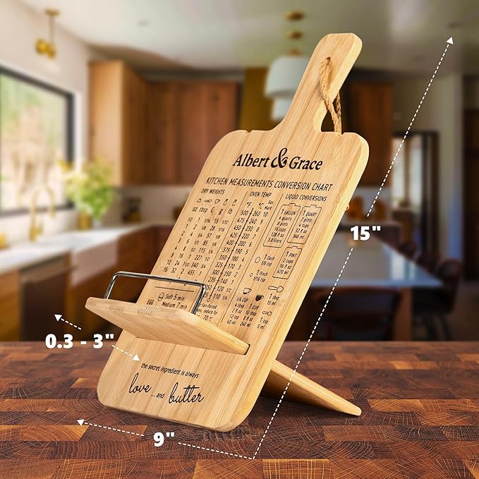 Albert&Grace Adjustable Bamboo Cookbook Stand with Conversion Chart – Recipe Book Holder for Kitchen Counter, Large Wooden Stand for Cookbooks, Tablets, & iPads