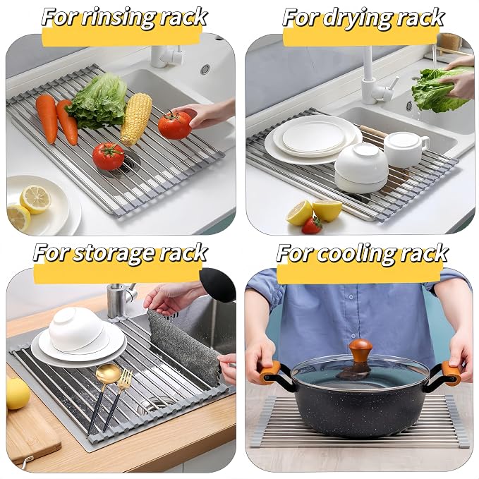 Roll Up Dish Drying Rack 21.3" x 15.8" Over The Sink Dish Drying Rack, Kitchen Dish Rack Stainless Steel Dish Drying Rack for Kitchen Sink Counter Storage (Grey)