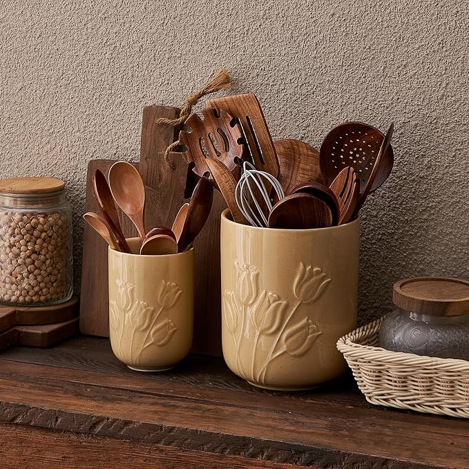 Tulips Beige Ceramic Utensil Holder Set, Large Kitchen Utensil Crocks – Modern Countertop Organizer for Cooking Utensils, Spatula, Spoons | Practical Kitchen Counter Decor