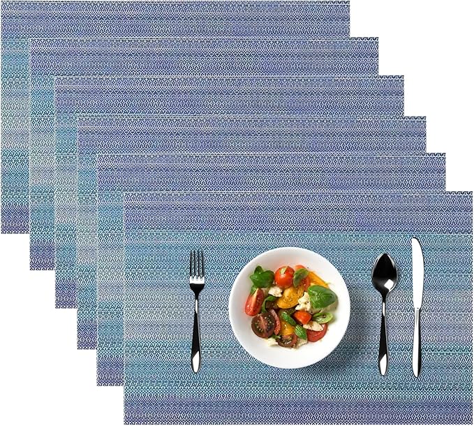 Placemats, Placemats for Dining Table Set of 4, Kitchen Table Mats Heat-Resistant Non-Slip Washable PVC Woven Vinyl Place Mats for Dining Room Table Decoration (Pack of 6, Gradient Blue)