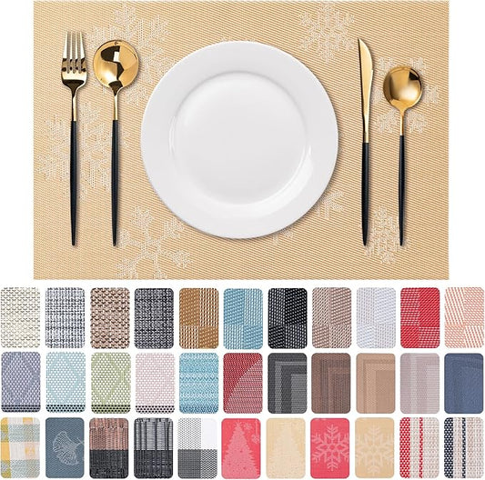CADONO Placemats Set of 6 Washable Indoor/Outdoor Vinyl Place Mats for Dining Table Durable Non-Slip Heat Resistant PVC Weave Table Mats（Christmas Snow-Gold）