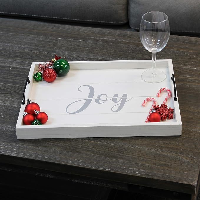 Elegant Designs HG2000-WJY Christmas Decoration 15.50" x 12" Decorative Wood Serving Tray w/Handles, White Wash Joy