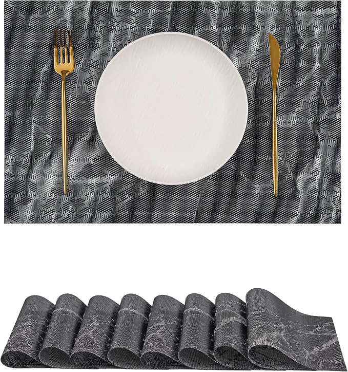 Leetaltree Reversible Marble Placemats Set of 8 - Ships Flat and Stays Flat, Durable Washable Vinyl PVC Placemats, Heat Resistant, Easy Wipe Clean (Black Marble Pattern)