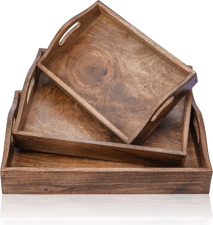 Ajuny Set of 3 Wooden Serving Tray with Handles Decorative Solid Plain Style Handcrafted Rectangular Platter for Snacks Coffee Tea and Versatile Kitchen & Home Gift (15.7x11, 13.7x9.9, 11.4x8 Inch)