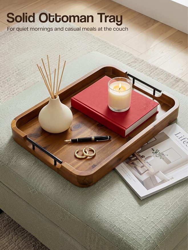 TIDITA Large Serving Tray with Handles - 20”x14” Rectangle Ottoman Tray, Wooden Tray for Ottoman, Wooden Ottoman Tray for Living Room - Decorative Trays for Coffee Table with Round Edge for Breakfast