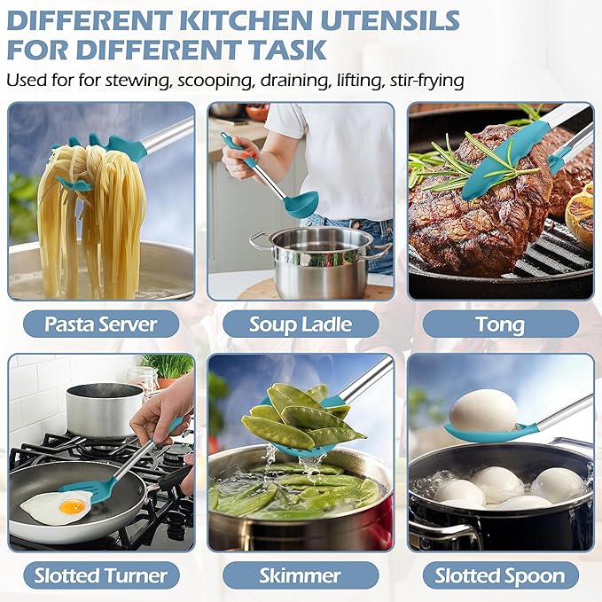HaWare 29 PCS Silicone Cooking Utensils Set, Heat Resistant Kitchen Utensils Set with Stainless Steel Handle, Spatula Sets with Holder and Hooks, Kitchen Tools Gadgets for Nonstick Cookware -Blue