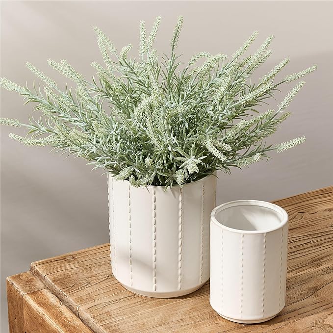 JIEMEI HOME Kitchen Utensil Holder, Large 7.5"+6.2" Bead Chain Ceramic Utensil Crock for Countertop, Utensil Holder with Cork Mat, Morden Utensil Organizer for Spatula, Kitchen Decor, Set of 2, White