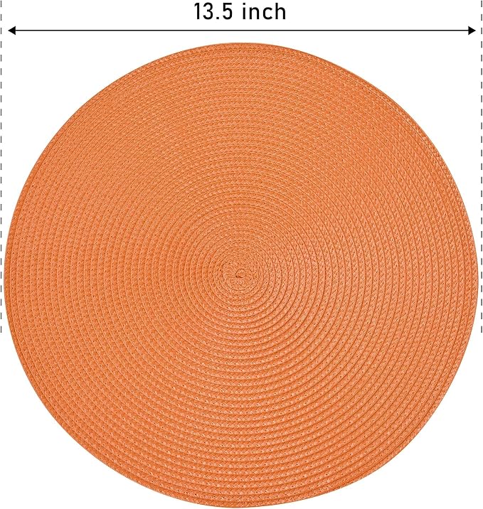 Feuille Round Braided Placemats Set of 4 Place Mats for Dining Table Woven Washable Non-Slip Table Mats 13.5 Inch Orange 4pcs
