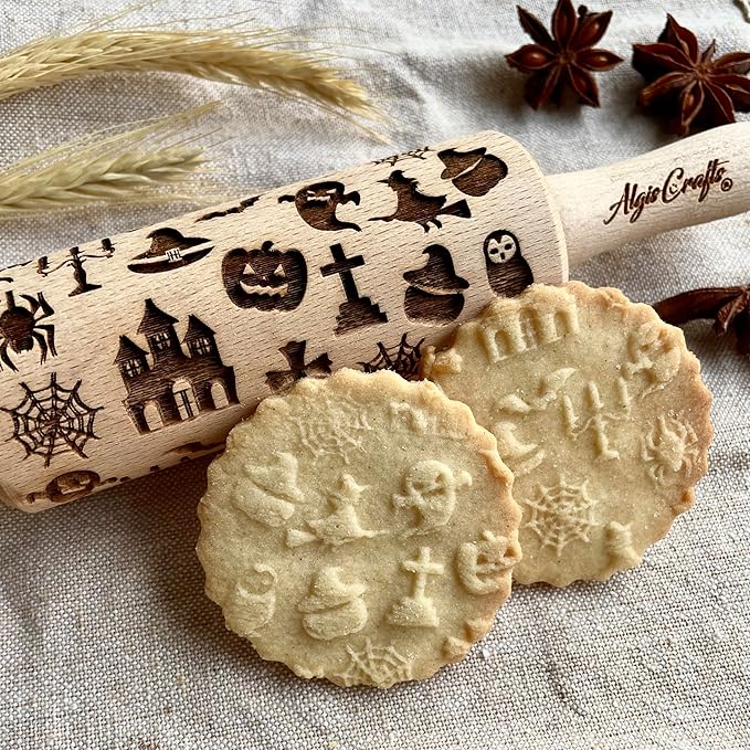 HALLOWEEN 3 Mini Embossed Rolling Pin Set. Wooden Laser Engraved Textured rolling pins for Cookies, Modeline, Ceramic with Skulls, Bats, Halloween by Algis Crafts
