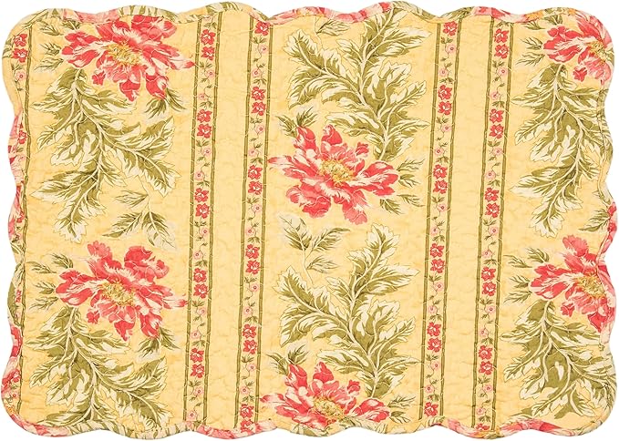 C&F Home Freya Green Leaves & Pink Flowers Vintage Design Quilted 100% Cotton Set of 6 Placemats 13" x 19" Spring Floral Fall Autumn Harvest Thanksgiving Kitchen Tabletop Reversible Machine Washable