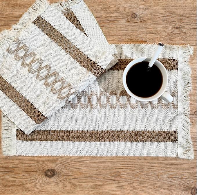 Ruvanti Cloth Placemats Set of 6 – 17.5"x11.5" Blend of Cotton, Polyester & Jute, Woven Placemats Washable Fabric, Table Mats Perfect for Farmhouse Kitchen, Parties, Holidays - Tri Stripe