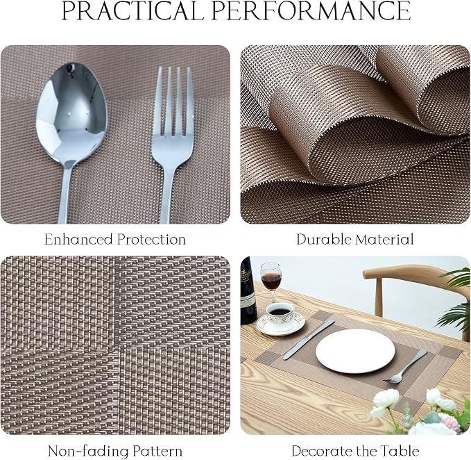 Placemats Set of 6-Heat Resistant Non-Slip Washable Table Mats for Dining Table,PVC Vinyl Woven,12 x 18 inch Dark Beige