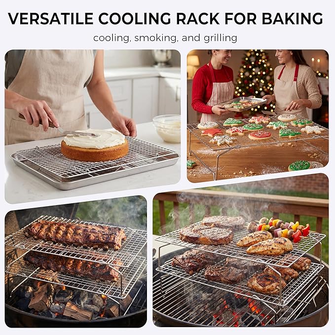 E-far 3-Tier Collapsible Cooling Rack for Cooking and Baking - 15”x10” Stackable Tight-Wire Stainless Steel Cookie Rack for Baking Sheet, Oven, Roasting, Dishwasher Safe & Space Saving