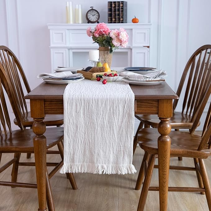 Simple&Opulence Linen Cotton Table Runner - 14 x 72 Inch, Farmhouse Linen Table Runner with Fringed Edges for Bohemian Rustic Wedding, Bridal Shower, Dinner （ Linen ）