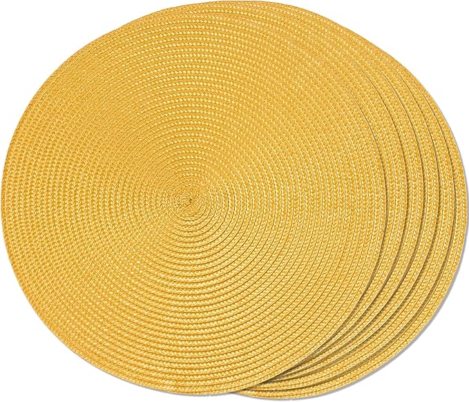 FunWheat Round Braided Placemats Set of 6 Table Mats for Dining Tables Woven Washable Non-Slip Place mats 15inch for Spring(Yellow, 6pcs)