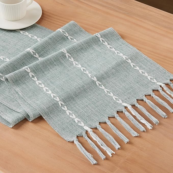 Braided Farmhouse Table Runner,Braided Dusty Blue 13x108 Inch, Cotton Linen Table Runners 108 Inches Long, Embroidered Striped Dusty Blue Boho Table Runner Rustic Home Decor