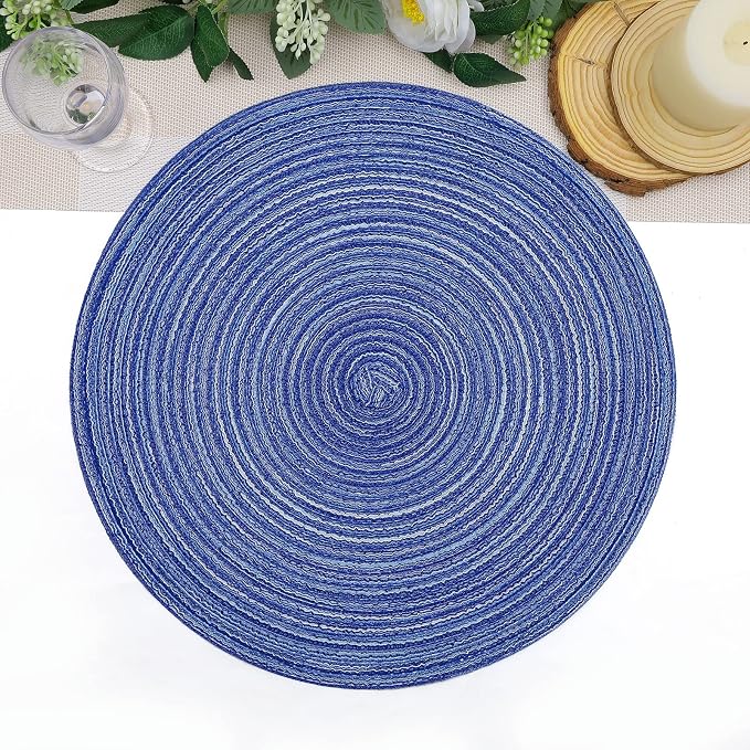 SHACOS Round Braided Placemats 15 inch Set of 4 Washable Cotton Polyester Braided Kitchen Table Placemats for Home Wedding Party (Blue White, 4)