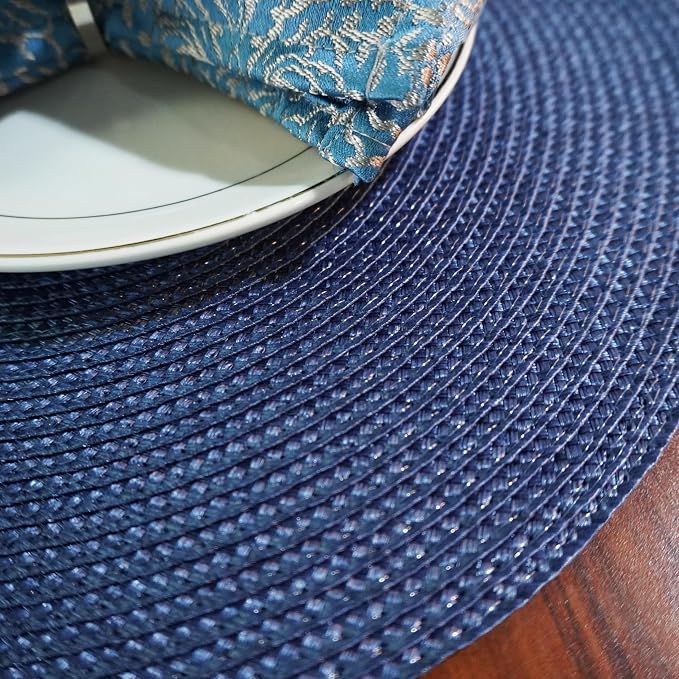 Round Braided Placemats Set of 6 Washable Easy to Clean Place Mats for Dining Tables Woven Non-Slip Heat Resistant Table Mats 15 Inch (Dark Blue)