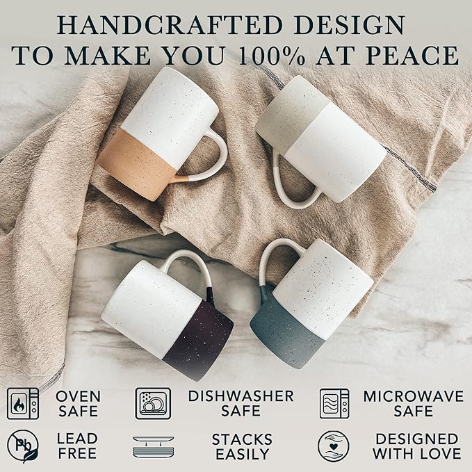 Mora Ceramics 12oz Coffee Mug Set of 4 - Tea Cups with Handle - Microwave and Dishwasher Safe, Perfect For Mug Lovers - Rustic Matte Glaze, Modern Design - Assorted Colors