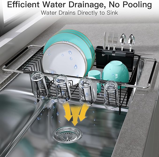 JASIWAY Dish Drying Rack in Sink, Expandable Stainless Steel Dish Drainers for Kitchen Counter, Space Saving Dish Dryer Rack with Drainboard, Over The Sink Dish Racks with Utensil Holder, Black