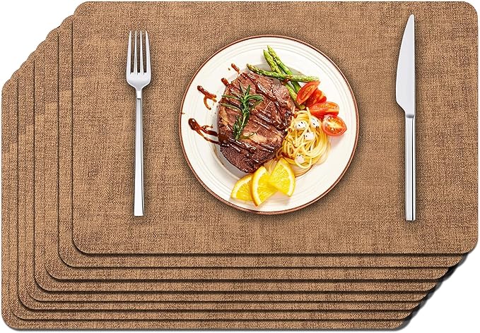 Maxpearl 8-Piece PU Leather Placemats – Durable, Heat Resistant & Wipeable Table Mats, Non-Slip and Waterproof Dining Place Mats for Kitchen or Patio Table, 17x12 Inches, Brown