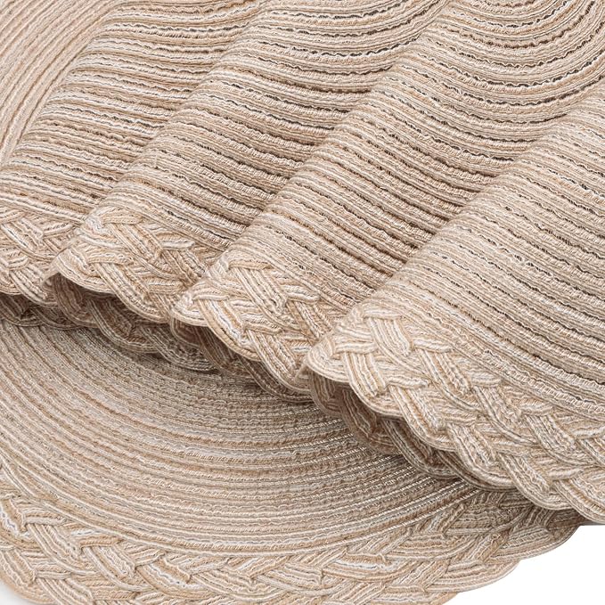 SHACOS Round Placemats Set of 4 Boho Braided Border 15 inch Circle Place Mats Washable Fabric Table Mats for Kitchen Dining Table, Beige