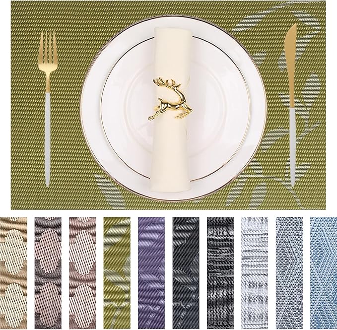 Leaf Placemats Set of 4 Non-Slip Heat-Resistant Vinyl Washable Place Mats for Kitchen Table Indoor Outdoor Durable (18"x12", Green)