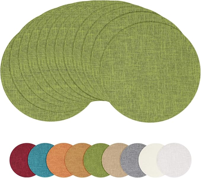 homing 15 Inch Round Cloth Placemats Set of 12, Cotton Linen Blend Washable Table Mats, Farmhouse Dining Place Mats for Indoors & Outdoors, Easy to Clean, Grass Green
