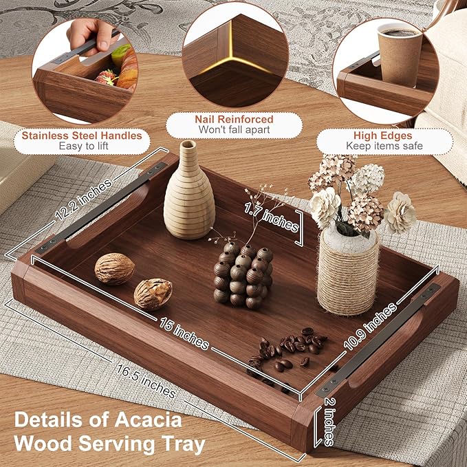17 Inch Acacia Wood Ottoman Tray for Living Room, Wooden Serving Tray with Metal Handles, Large Serving Trays for Ottoman, Eating Food on Couch, Decorative Trays for Coffee Table, Bathroom, Home Decor