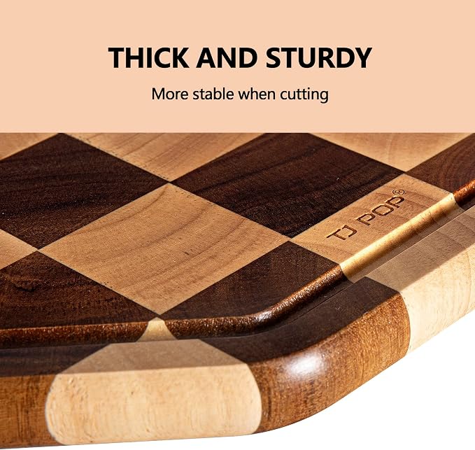 TJ POP End Grain Wood Cutting Board With Juice Groove, Octagon Serving Board For Kitchen, Flippable Charcuterie Board For Cheese, Bread & Fruits, 12x12x0.8 Inch