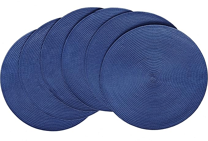 HODJOY Placemats, Round Placemats for Dining Table, Washable Woven Non-Slip Placemats for Thanksgiving, 15inch, Set of 6 (Nautical Blue)
