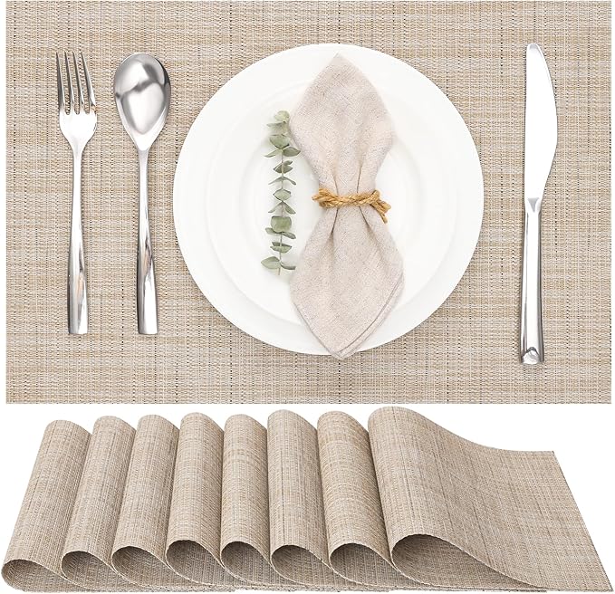 Myir JUN Placemats Set of 8, Vinyl Woven Placemats Place Mats Indoor Set of 8 Washable Table Mats Non-Slip Place mats for Dining Table (Beige, Set of 8)