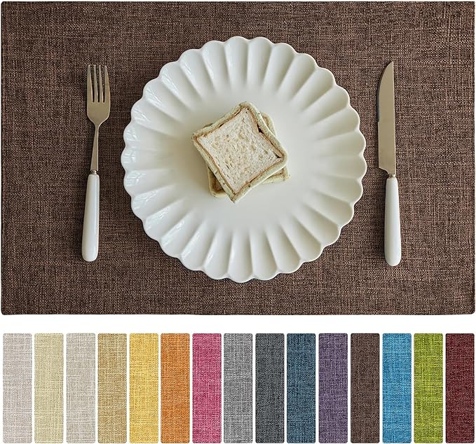 Softalker Faux Linen Placemats Set of 8-12 x 18 Inch, Heat Resistant Double Layered Durable Burlap Farmhouse Place Mats, Non-Slip Washable Rustic Table Mats for Dining, Kitchen, Party（Dark Brown
